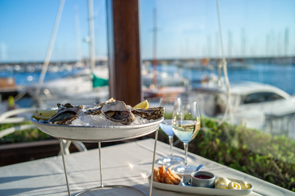 Fresh oysters on a bed of ice with lemon wedges, served on a metal stand at an outdoor restaurant overlooking a marina full of yachts, with a glass of white wine and condiments on the side.