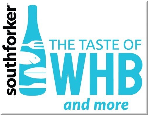 Logo for the Taste of Westhampton Beach (WHB) event. The logo features the text 'southforker' vertically aligned on the left side, next to a stylized bottle containing images of a fork, a fish, and a plate. To the right, in large blue letters, it says 'THE TASTE OF WHB' and below in smaller blue letters, 'and more'