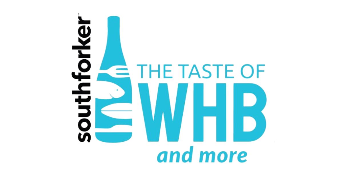 Logo for the Taste of Westhampton Beach (WHB) event. The logo features the text 'southforker' vertically aligned on the left side, next to a stylized bottle containing images of a fork, a fish, and a plate. To the right, in large blue letters, it says 'THE TASTE OF WHB' and below in smaller blue letters, 'and more'