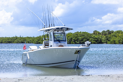 Cobia 285CC resting on the shore.