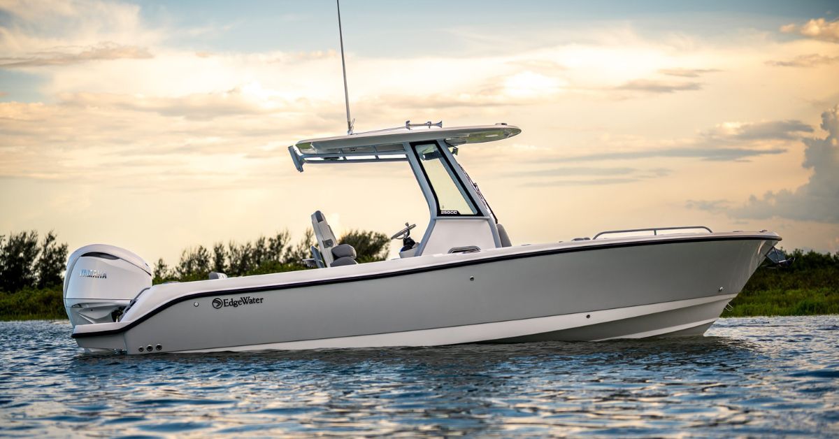 EdgeWater 250CC center console boat with Yamaha outboard cruising at sunset on Long Island waters