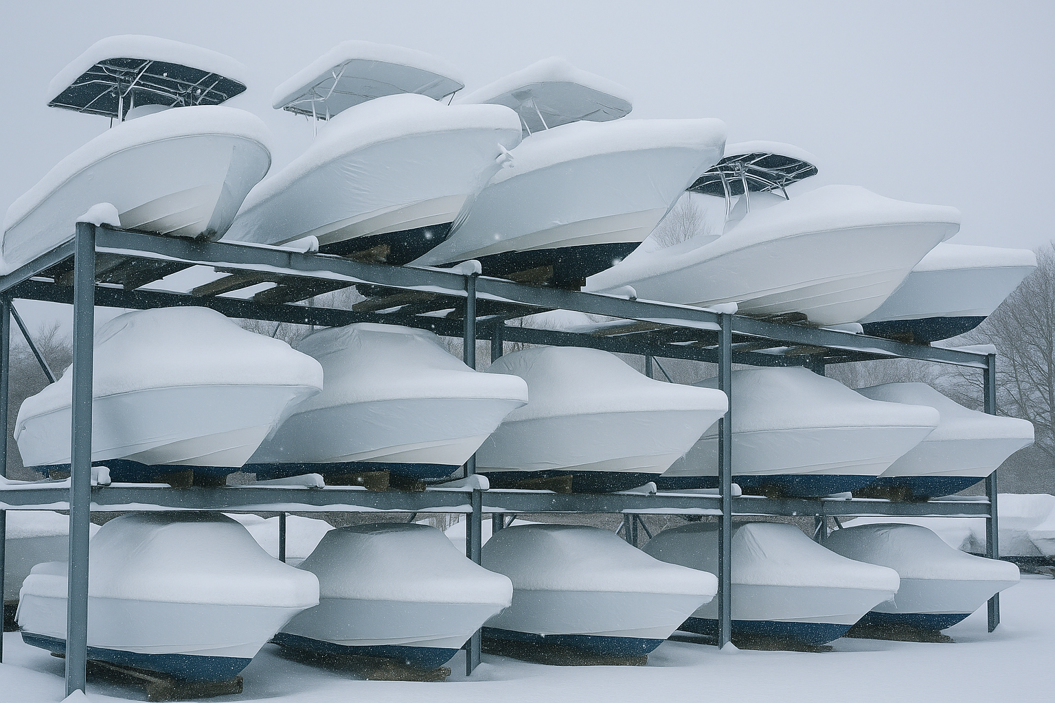 Snow covered boats in winter storage