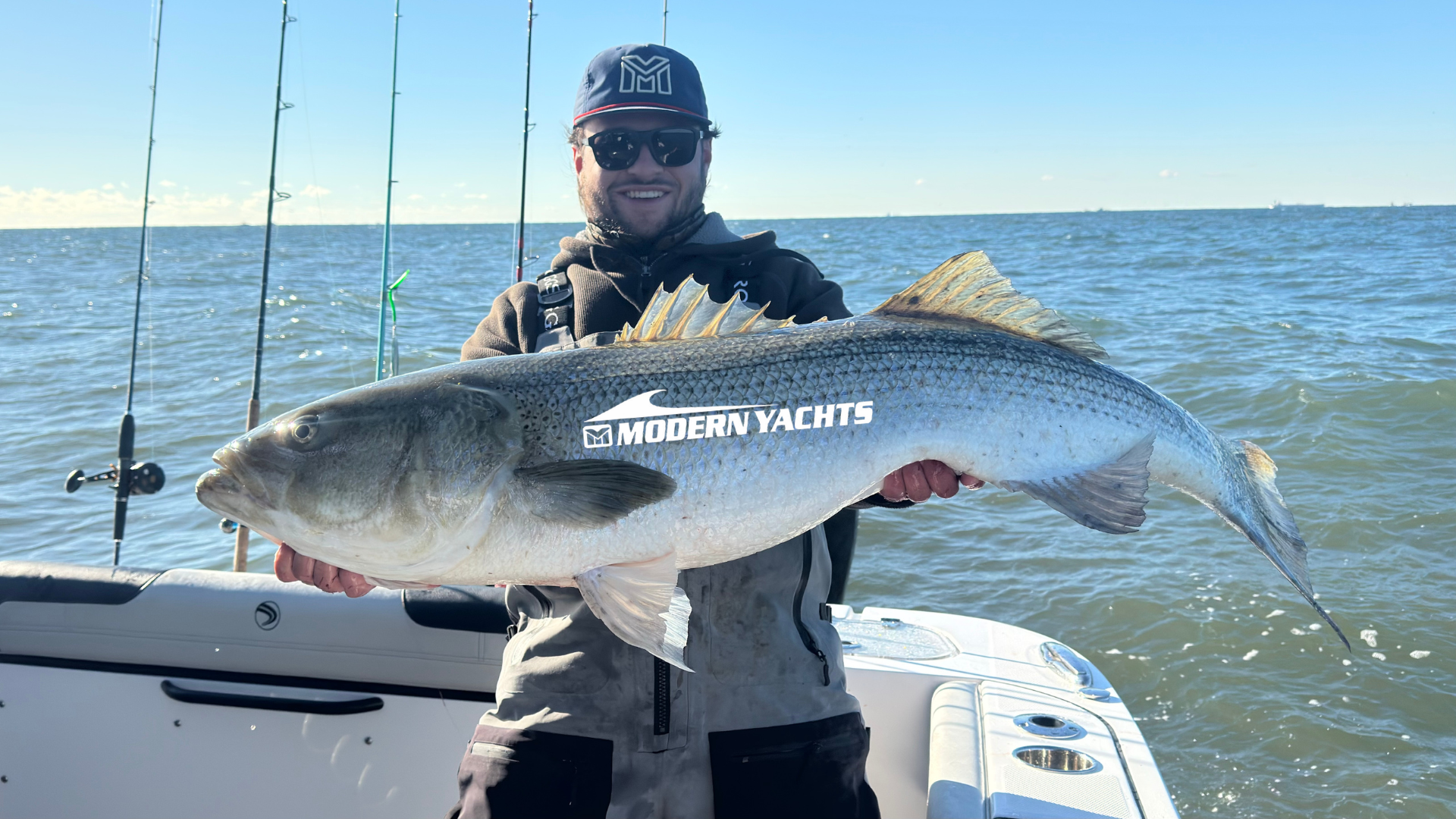 Large striped Bass being held by fisherman on a boat