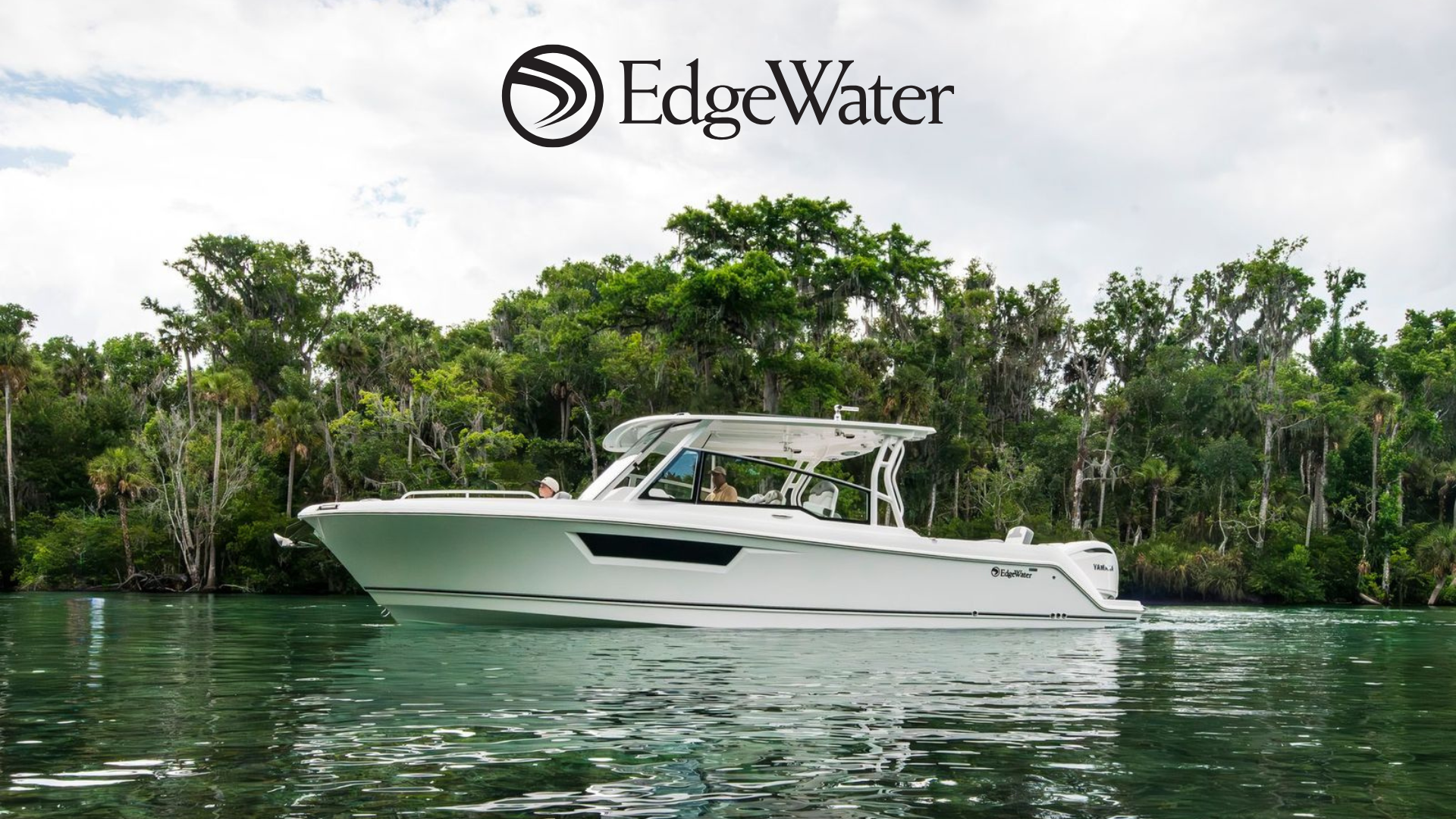Edgewater 310SC side console boat on the water with hardtop and twin Yamaha outboards — available at Modern Yachts on Long Island