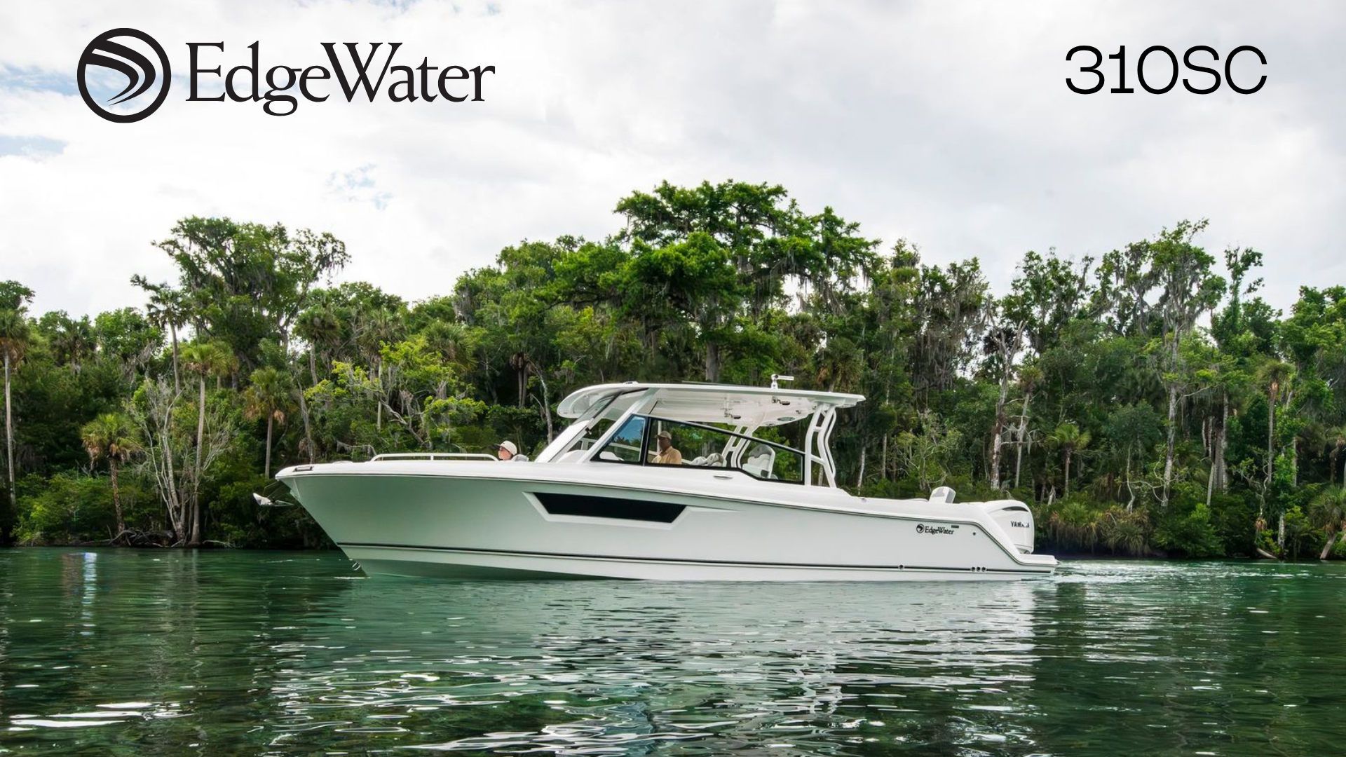 Edgewater 310SC luxury side console boat on calm water — new model available at Modern Yachts on Long Island