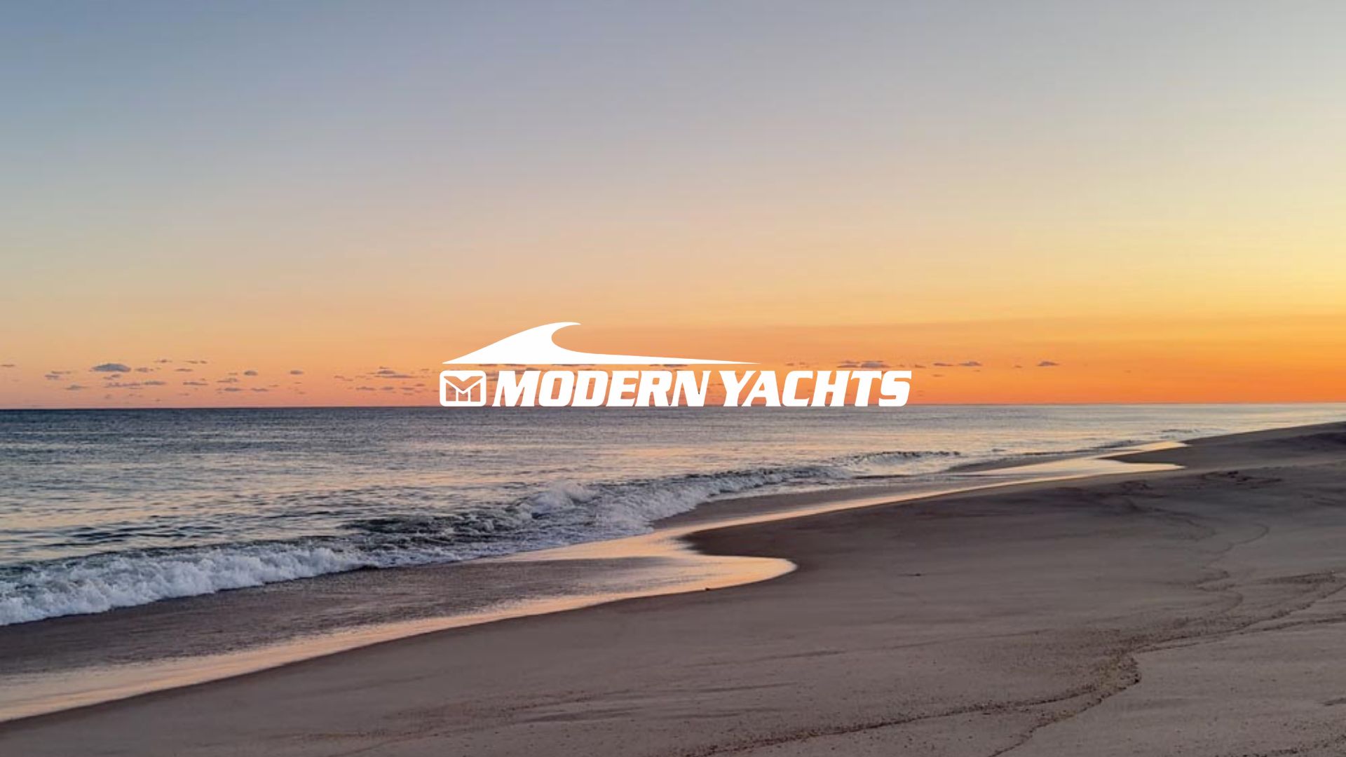 Sunset over an East End beach with the Modern Yachts logo, featured image for a guide to Long Island boating destinations