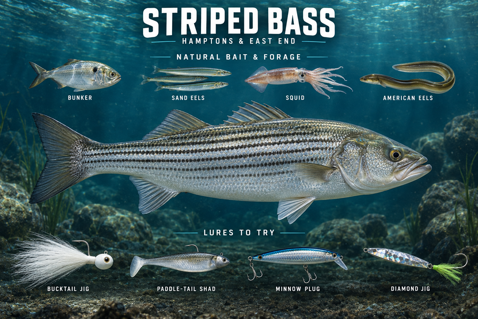 Striped bass with natural bait and fishing lures, illustrated for fall fishing in the Hamptons.