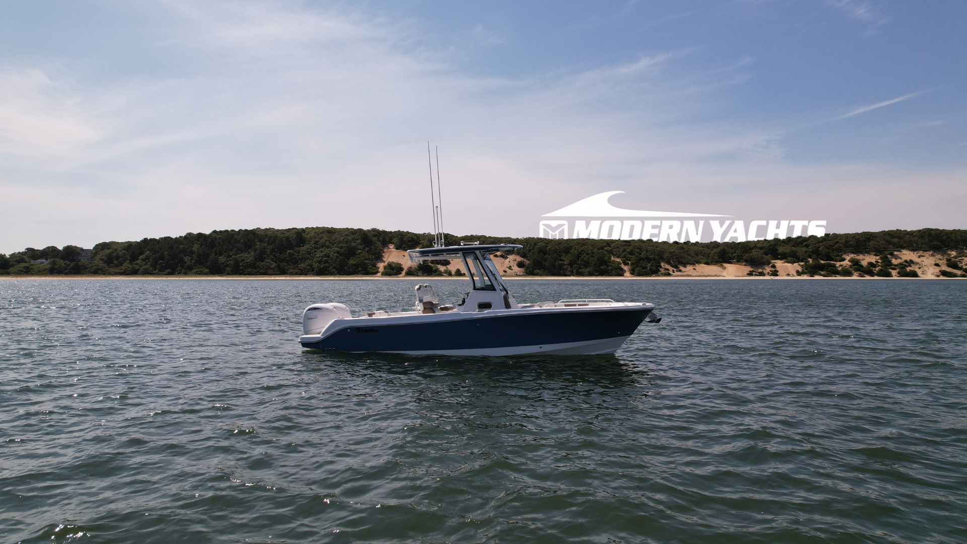 EdgeWater center console on the water with Modern Yachts branding for a guide to winter boat storage on Long Island.