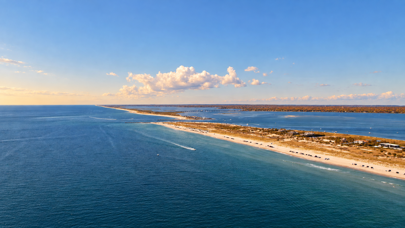 Aerial view of an East End inlet, sandy beaches and blue coastal water with golden fall vegetation.