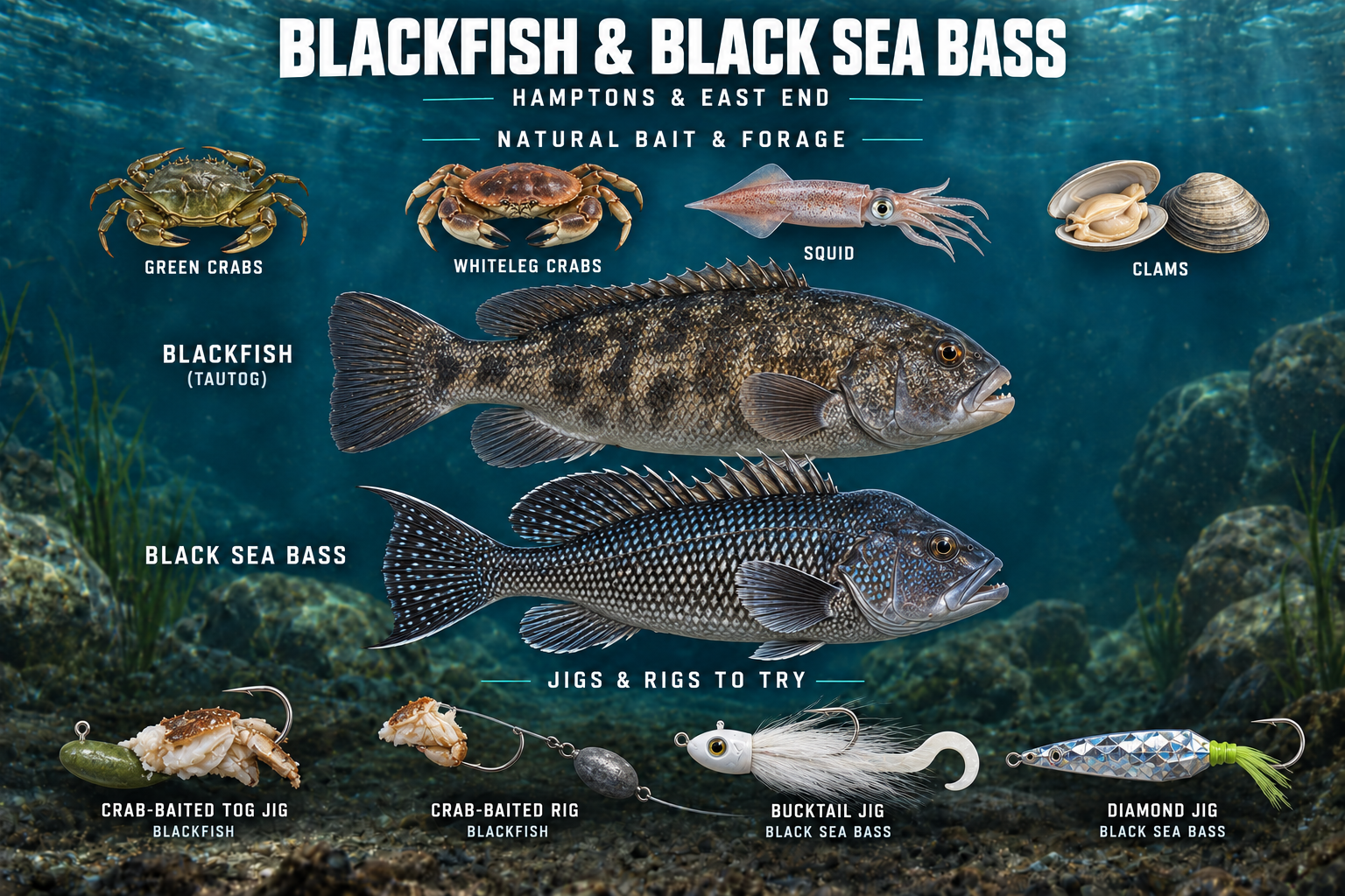 Blackfish and black sea bass with crab, squid and clam baits, plus labeled fishing jigs and rigs.