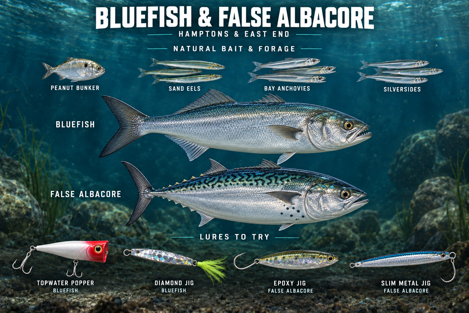 Bluefish and false albacore with baitfish, poppers and jigs for East End fall fishing.