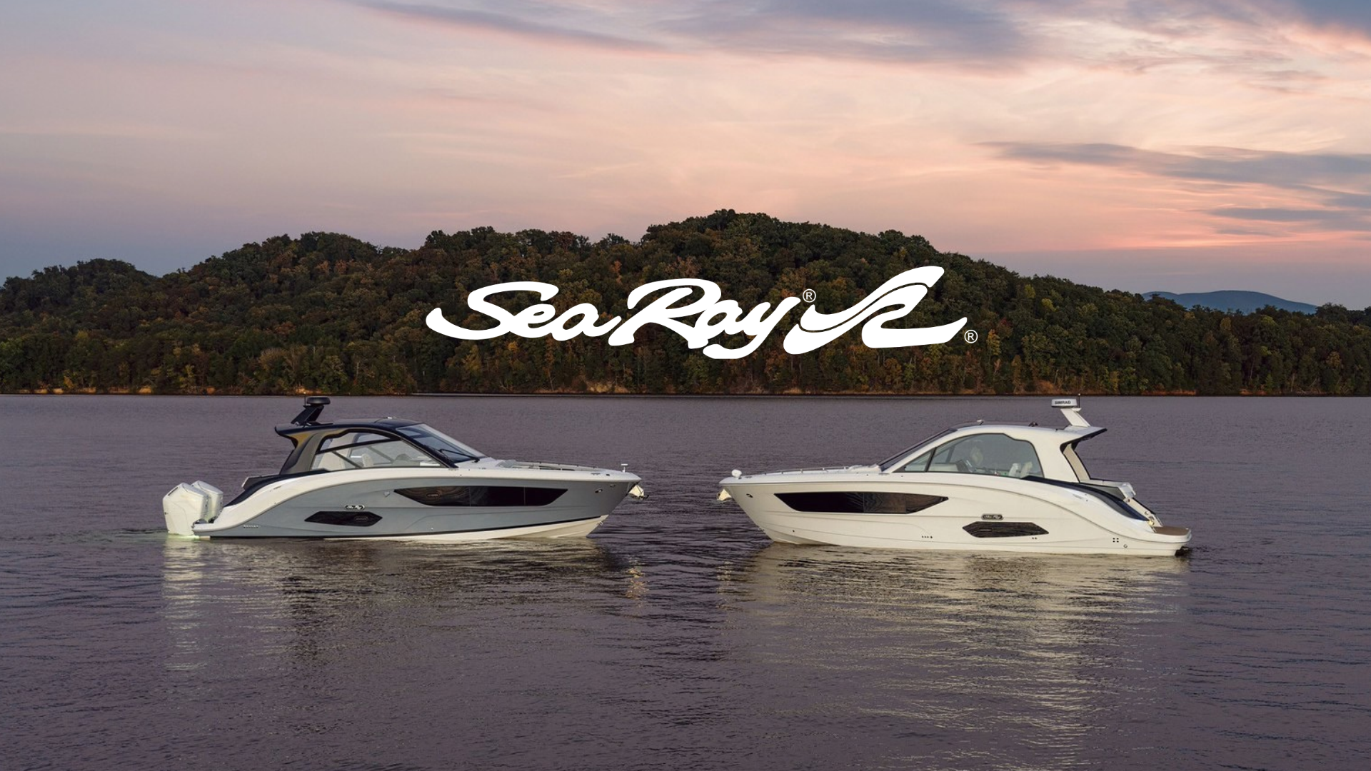 Two Sea Ray cruisers at sunset beneath the Sea Ray logo, promoting the Show Stopping Deals Sales Event at Modern Yachts.